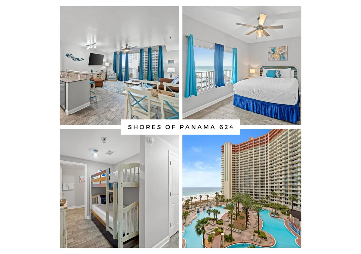 The hero image showcases a spacious, sunlit open-concept living area featuring a dining table for six, a modern kitchen with bar seating, and expansive windows revealing breathtaking views of the Gulf of Mexico. The comfortable living area invites relaxation, while the panoramic ocean vista creates a bright and cheerful atmosphere perfect for families or groups.