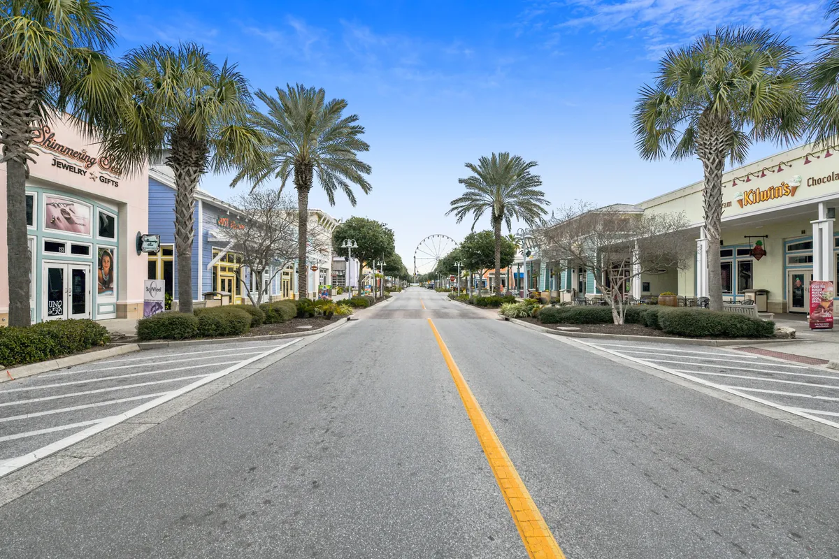 A scenic street lined with palm trees and colorful storefronts, with a Ferris wheel in the distance, sets the stage for shopping, strolling, and attending seasonal events. The inviting sidewalk and shops evoke the sense of exploring local attractions throughout the year.
